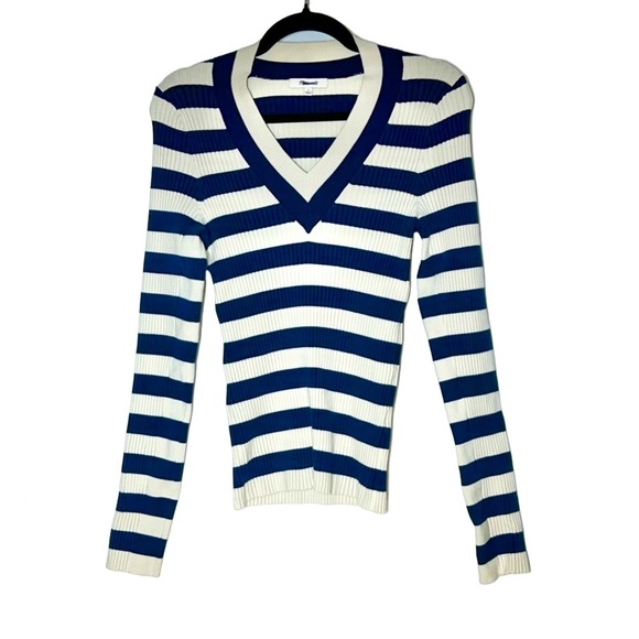 NEW Madewell V-Neck Sweater in Stripe, Navy & Ivory, Size Large - Picture 6 of 14